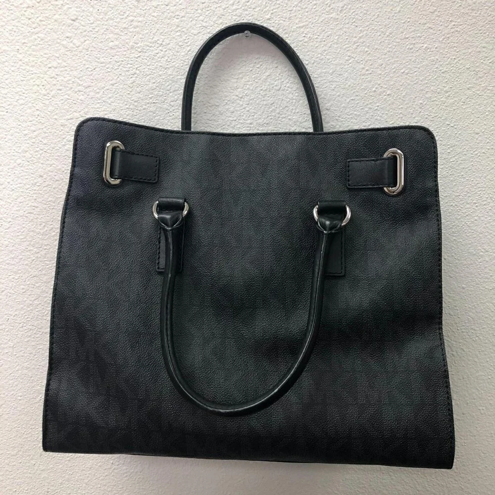 Michael Kors Black Logo Monogram Large Hamilton Satchel Bag Handbag Purse - Picture 2 of 8